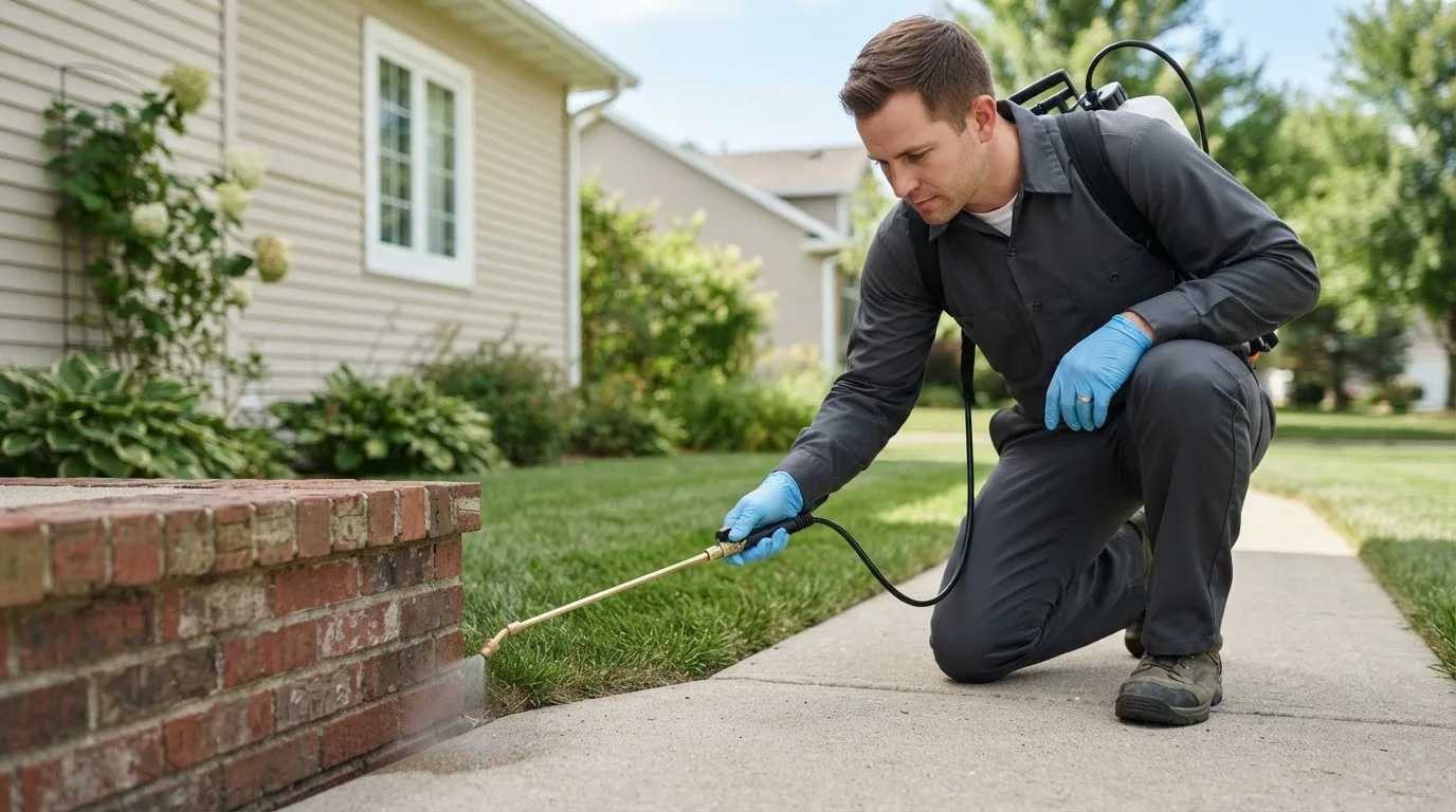 Pest control technician treating a home near Neosho, MO